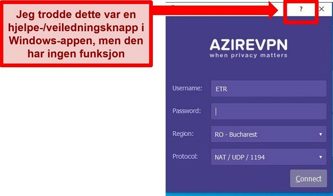 Skjermbilde av startskjermen til AzireVPNs brukergrensesnitt