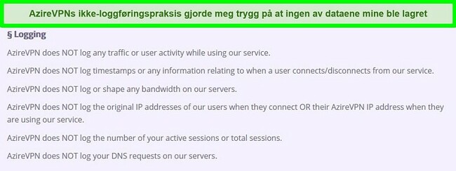 Skjermbilde av AzireVPNs nulllogg-policy