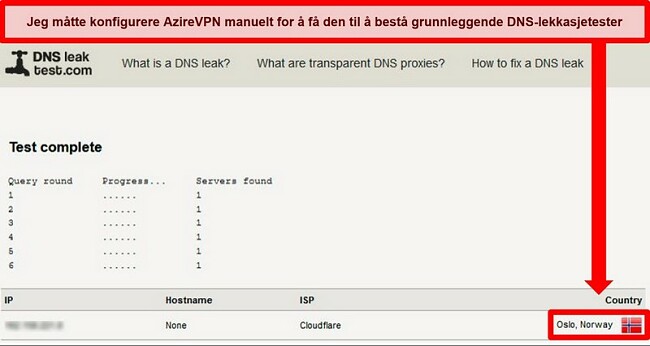 Skjermbilde av en vellykket DNS-lekkasjetest