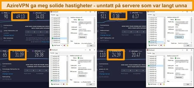 Skjermbilde av 4 hastighetstester mens du er koblet til AzireVPN-servere