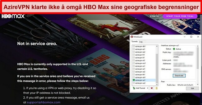 Skjermbilde av HBO Max proxy-feil mens den er koblet til AzireVPN via WireGuard