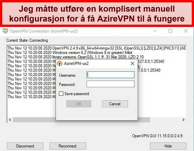 Skjermbilde av AzireVPNs påloggingsprompt mens du bruker OpenVPN-klienten