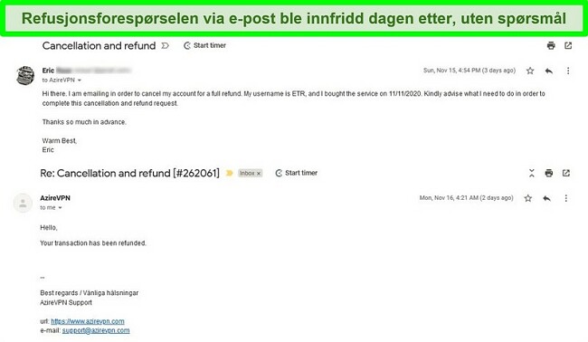 Skjermbilde av en e-posttråd som viser AzireVPN-kansellerings- og refusjonsprosessen