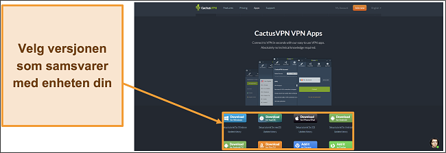 Skjermbilde som viser hvor du skal laste ned versjonen av CactusVPN du ønsker fra nettstedet