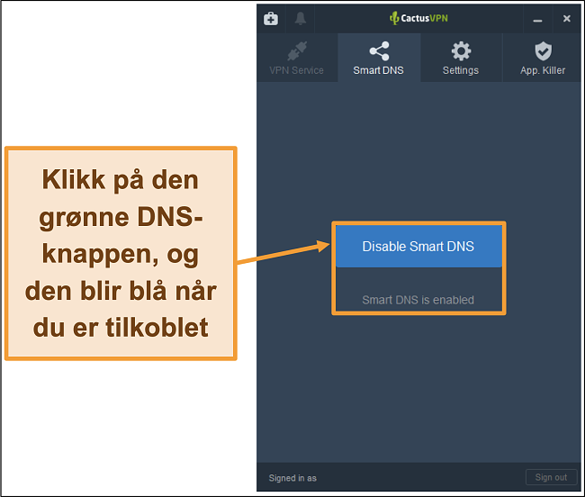 Skjermbilde av CactusVPN-grensesnittet som viser hvordan du aktiverer smart DNS