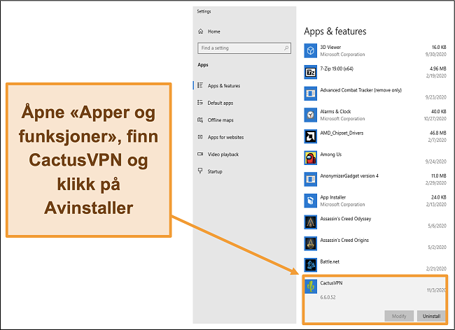 Skjermbilde som viser hvordan du starter prosessen med å avinstallere CactusVPN fra Apps & features-menyen