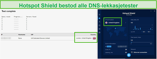 Skjermbilde av Hotspot Shield som passerer en DNS-test mens den er koblet til en britisk server.