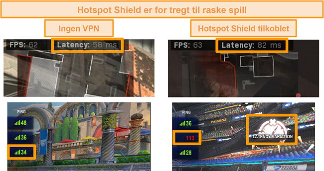 Skjermbilde av Call of Duty: Modern Warfare og Rocket League testet for ventetid øker når den er koblet til Hotspot Shield VPN på PC.