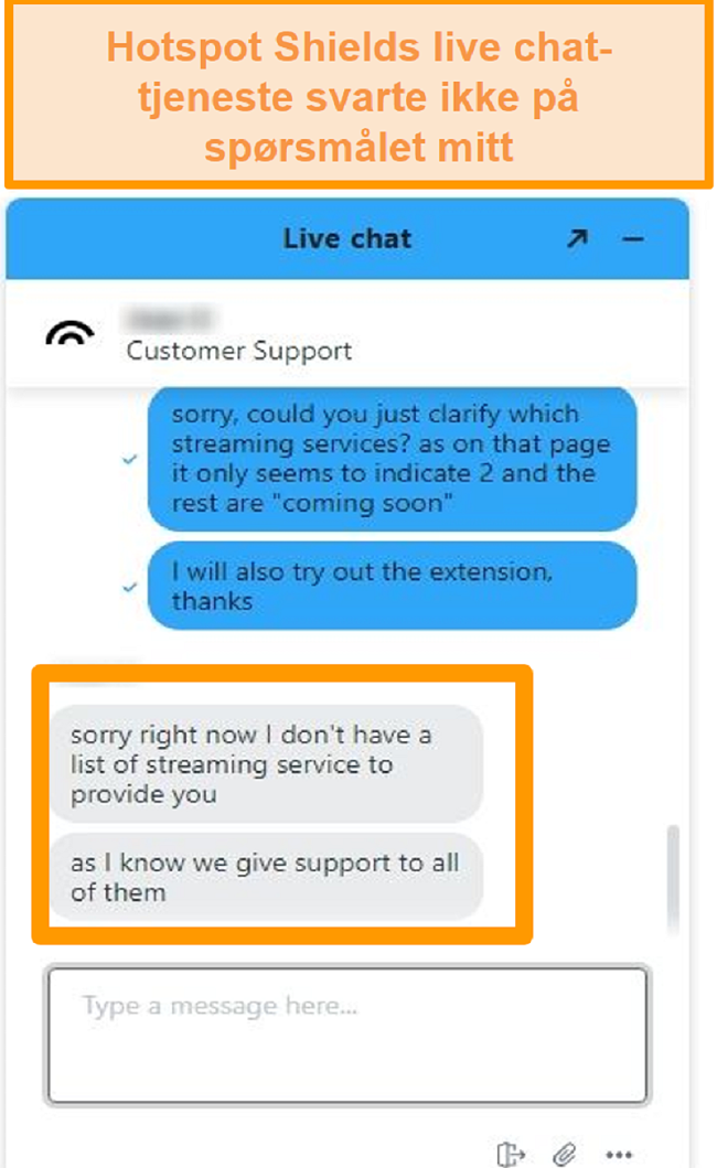 Skjermbilde av en Hotspot Shield live chat-agent som ikke kan svare på spørsmålet mitt