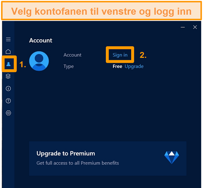 Skjermbilde av påloggingsskjerm for Hotspot Shield Windows-appkonto.