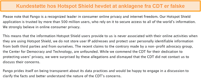 Skjermbilde av Hotspot Shields e-postsvar når du blir spurt om hendelsen i 2017 som involverte CDT som sendte inn en klage til FTC om Hotspot Shields praksis for datainnsamling.