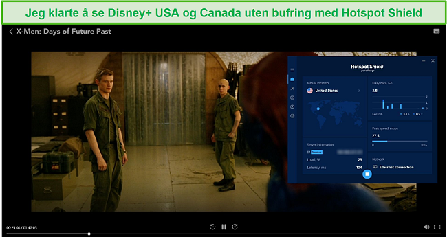 Skjermbilde av Hotspot Shield som blokkerer Disney + og streamer X-Men: Days of Future Past.