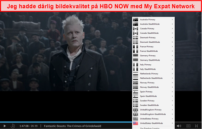 Skjermbilde av My Expat Network som blokkerer HBO NÅ