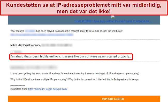 Skjermbilde av My Expat Network e-postrespons som gir en forklaring på et IP-adresseproblem