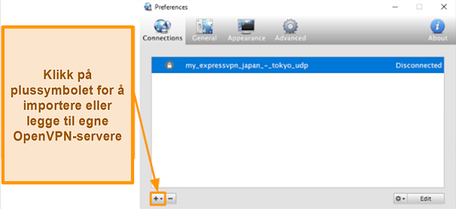 Skjermbilde av Viscosity-appen som viser hvordan du legger til OpenVPN-servere