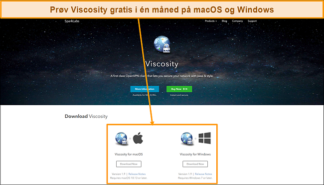 Skjermbilde av nedlastingssiden for Viscosity fra Viscosity-nettstedet