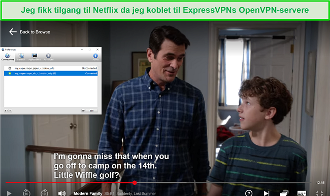 Skjermbilde av Netflix streamet med Viscosity VPN gjennom ExpressVPNs OpenVPN-servere
