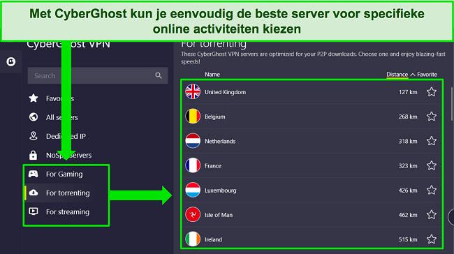 Screenshot van de Windows-app van CyberGhost, die de selectie van geoptimaliseerde servers benadrukt.