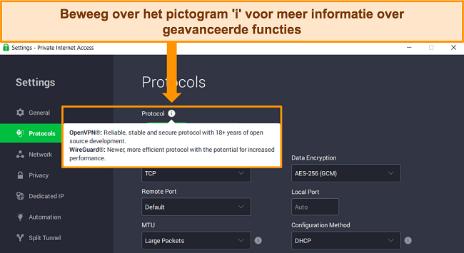 Screenshot van de Windows-app van PIA in het menu Protocollen, met een gedetailleerde uitleg van een functie wanneer u de muisaanwijzer op het "i"-informatiepictogram houdt.