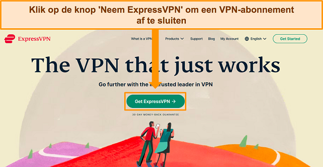 Screenshot van de homepage van ExpressVPN, met de knop 