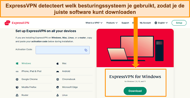 Screenshot van de softwaredownloadpagina van ExpressVPN op zijn website.