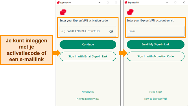 Screenshots van de Windows-app van ExpressVPN die de manieren tonen waarop een gebruiker zich kan aanmelden bij de app.