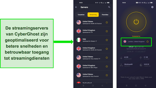 Screenshot van de Android-interface van CyberGhost met voor streaming geoptimaliseerde servers