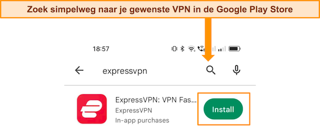 Screenshot van de Google Play Store-zoekfunctie die zoekt naar ExpressVPN