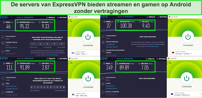Screenshot van de snelheidstestresultaten van ExpressVPN terwijl hij verbonden was met Parijs, Frankfurt, New York en Melbourne