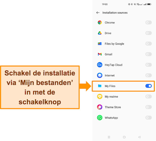 Screenshot van de installatie-instellingen van Android