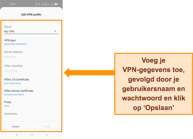Screenshot die laat zien hoe u uw VPN kunt toevoegen aan uw Android-apparaat