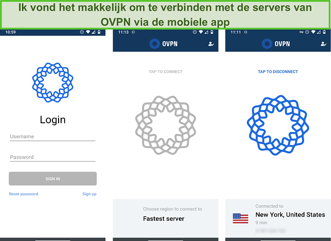 Skærmbillede af OVPNs loginproces på mobil