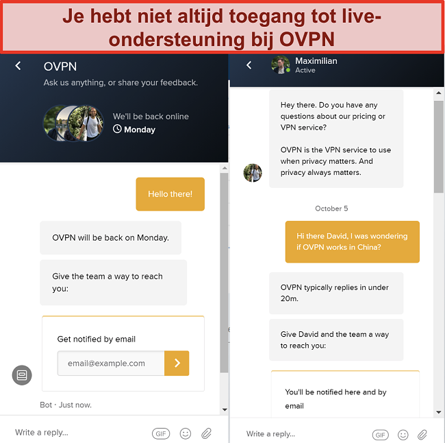 Skærmbillede af begrænset live chat support til OVPN