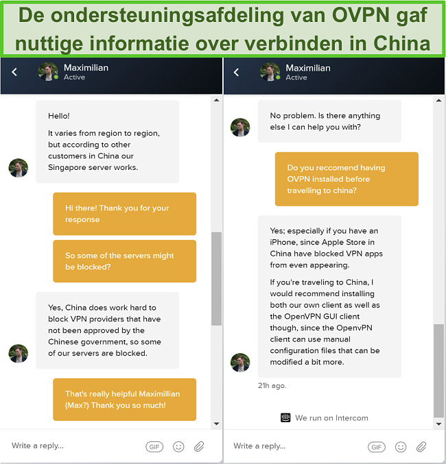 Skærmbillede af live chat med OVPN om, hvorvidt servere fungerer i Kina