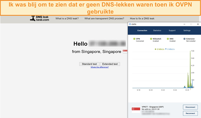 Skærmbillede af OVPN, der bestod en DNS-lækagetest