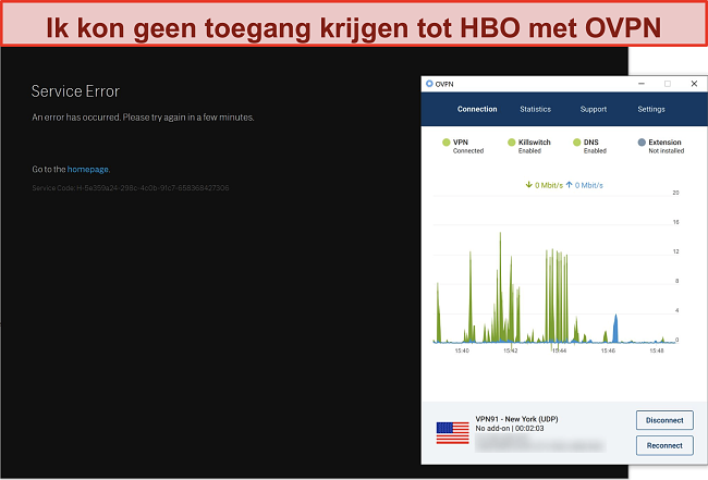 Skærmbillede af OVPN, der bliver blokeret af HBO