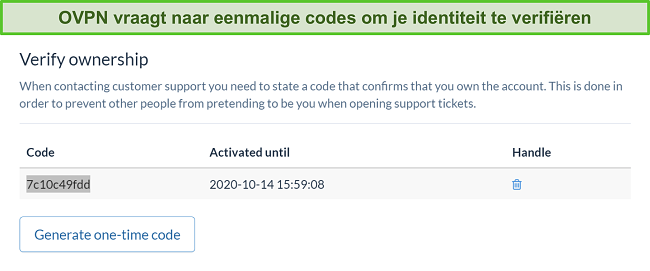 Skærmbillede af OVPNs engangskode til bekræftelse af identitet under annulleringsprocessen for abonnementet