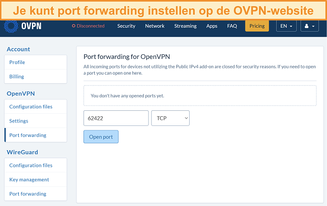 Skærmbillede af valg af portvideresendelse på OVPN
