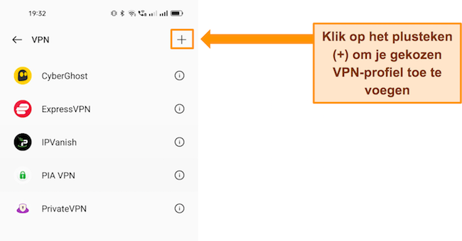 Screenshot met opties om VPN toe te voegen in Android-telefooninstellingen