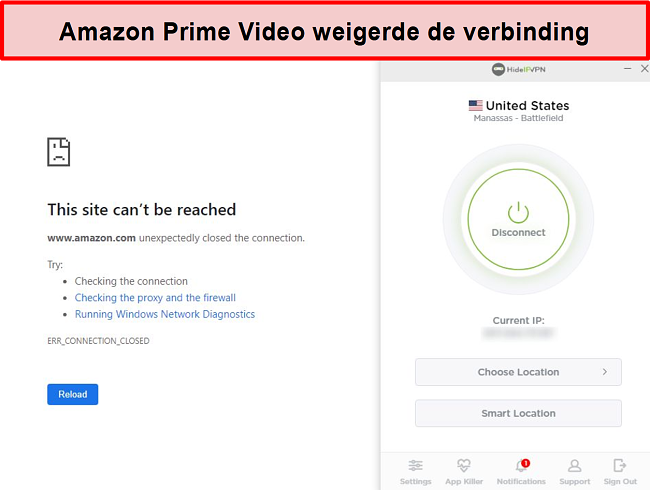 Screenshot of Amazon Prime Video rejecting the HideIPVPN connection.
