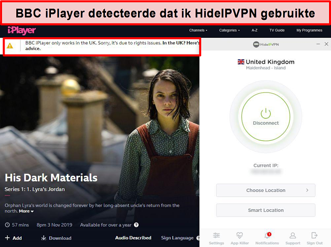 Screenshot van BBC iPlayer-fout die detecteert dat u zich niet in het VK bevindt.