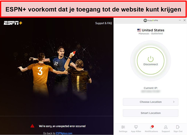 Screenshot van ESPN + waardoor u geen toegang krijgt tot zijn services via HideIPVPN.