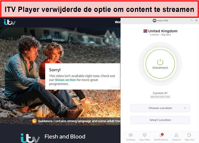 Screenshot van ITV Player waarbij de optie om shows te streamen op HideIPVPN-verbinding wordt verwijderd. In plaats daarvan staat dat de video momenteel niet kan worden afgespeeld.