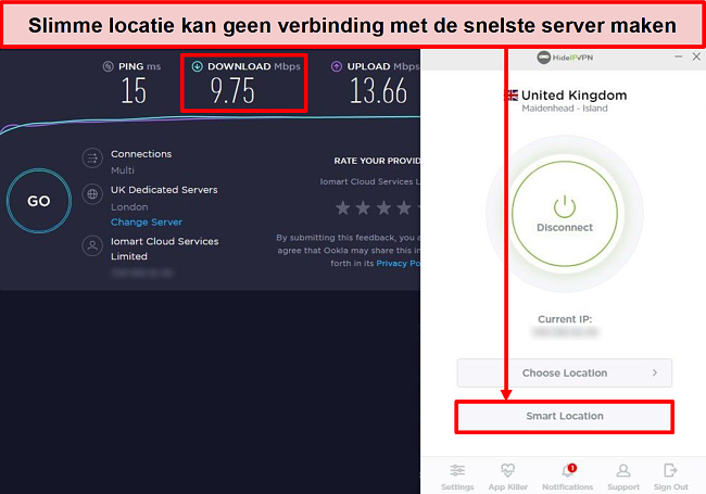 Screenshot van snelheidstest met behulp van Smart Location.