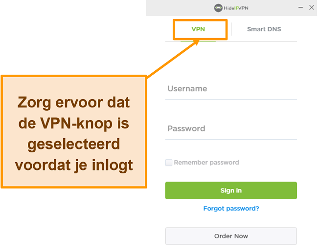 Screenshot of HideIPVPN's login screen for desktop.