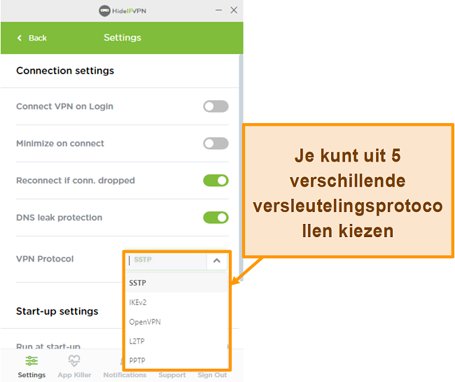 Screenshot van HideIPVPN-coderingsprotocollen.