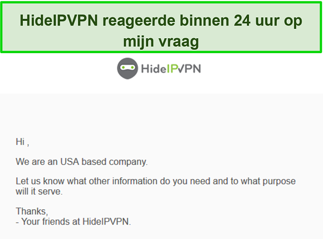 Screenshot van de e-mailondersteuning van HideIPVPN.