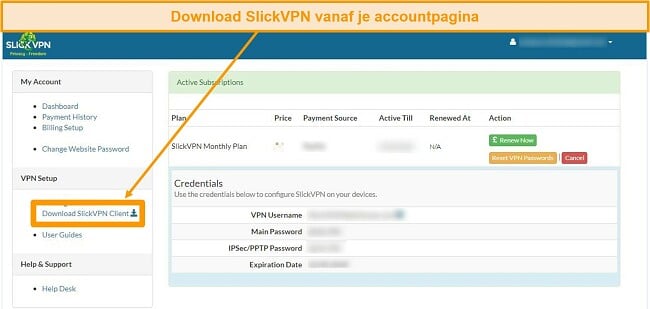Screenshot van SlickVPN-account met downloadoptie
