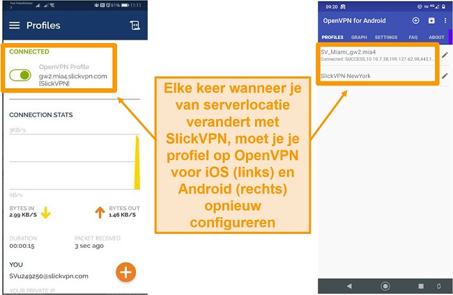 Screenshot van SlickVPN die handmatige configuratie vereist elke keer dat u de serverlocatie op een mobiel apparaat wijzigt