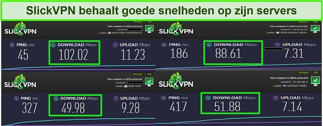 Screenshot van 4 verschillende snelheidstests terwijl verbonden met SlickVPN-servers